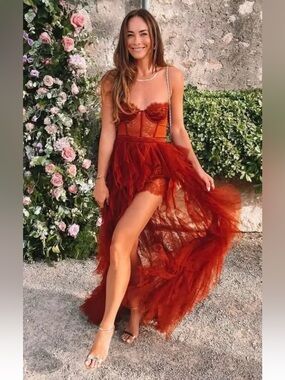 For Love & Lemons burnt orange ruffle bustier corset gown dress
